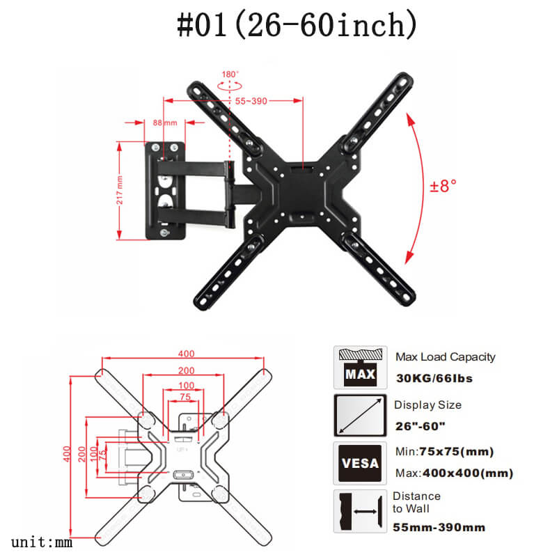 Full Motion Swivel TV Wall Bracket for 14-65 Inch