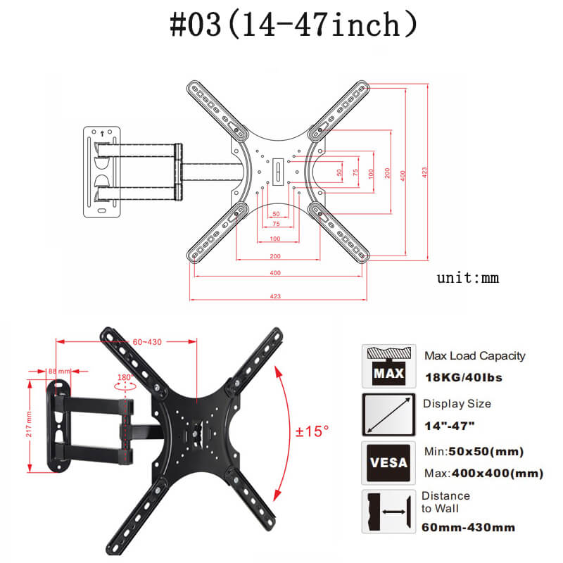 Full Motion Swivel TV Wall Bracket for 14-65 Inch